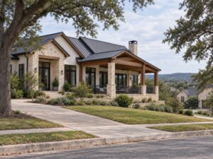Ambassador wk 2 - image 1 - Custom Luxury Homes Dripping Springs TX | Ambassador Builders modern barn home with metal roof and covered porch