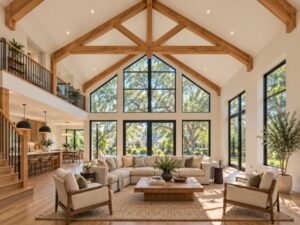 Ambassador wk 2 - image 2 - Barn House Builders Austin TX | Ambassador Builders Open floor plan barn house interior with exposed wood beams and loft in Austin, TX