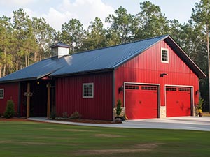 Red barn–style building with two large garage doors, black roof, and surrounding trees in a rural setting.