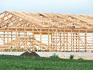 Wooden house frame under construction by the water, with a worker on the roof and green grass in the foreground.